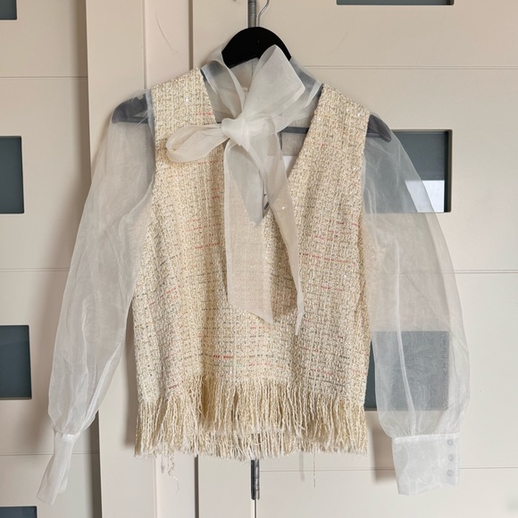 BNWT Zara Sequins Tweed Fringes Vest Sheer Organza Neck tie women’s blouse top M - Picture 1 of 10